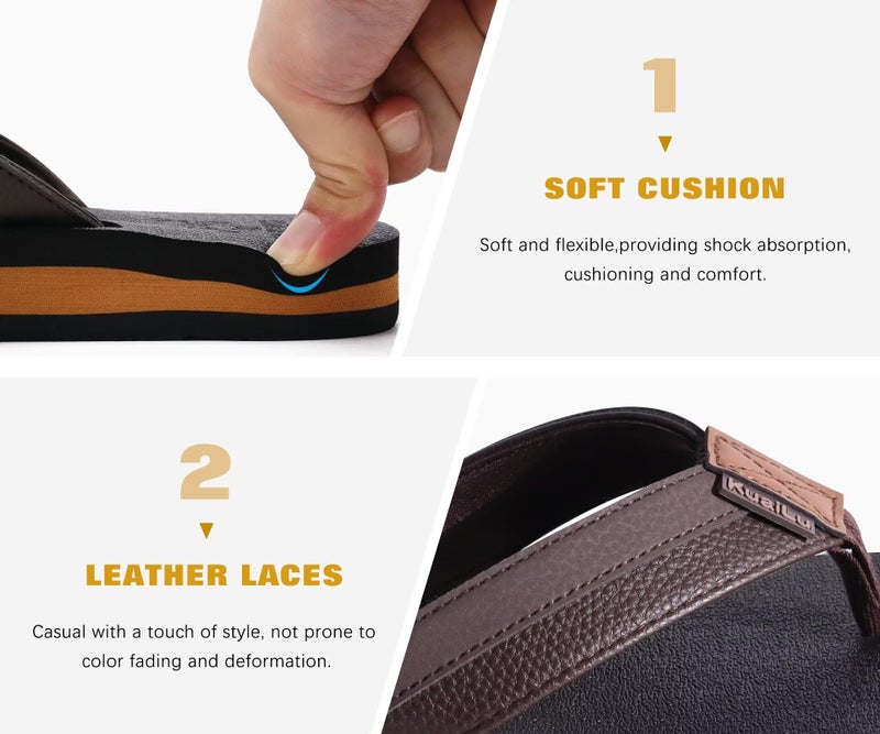 KuaiLu Men's Leather Flip Flops Arch Support Summer Beach Pool Water Thong Sandals Waterproof Rubber Walking Shoes Slip on Orthotic Casual Sport Cushioned Wide Slides Shower Slippers Brown Size 13 - Image 5